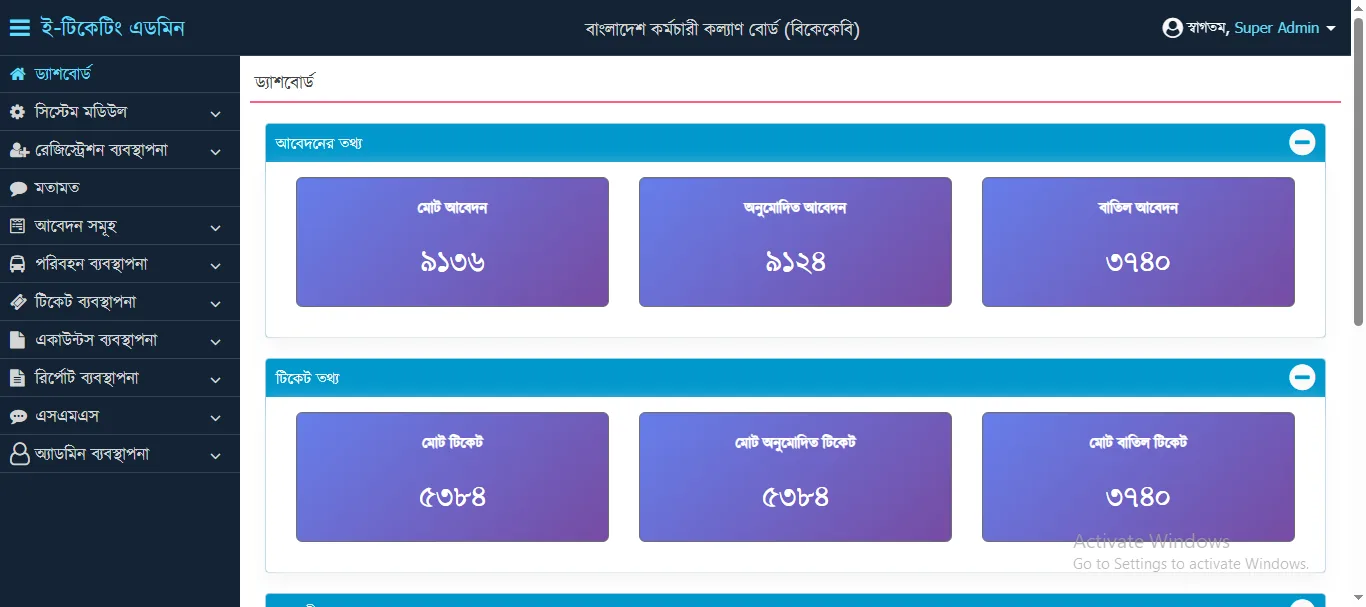 Staff Bus E-Ticketing dashboard developed for Bangladesh Employees Welfare Board