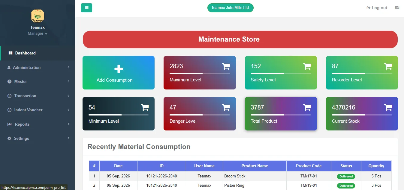 Teamex Maintenance Store Dashboard